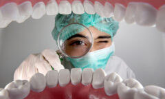 A person in surgical attire, dedicated to oral health, peers through a magnifying glass, offering an intricate view from inside a large model of human teeth.