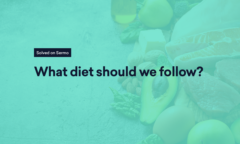 Text on a teal background reads: "Solved on Sermo. What diet should we follow?" with vibrant healthy foods surrounding the message.