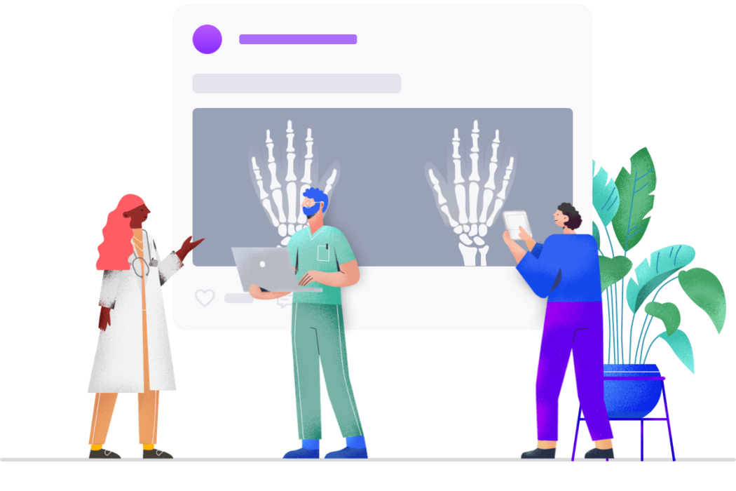 Three medical professionals engage in a dialogue about hand X-rays displayed on a large screen, akin to an interactive social network for physicians, with a plant subtly adding serenity in the background.
