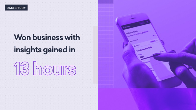 A person interacts with a smartphone on a purple-tinted background. Text on the left reads, "Won business with insights gained in 13 hours.