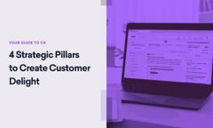 A laptop displaying an email inbox is shown next to text: "Your Guide to CX: 4 Strategic Pillars to Achieve Customer Delight" on a purple background.