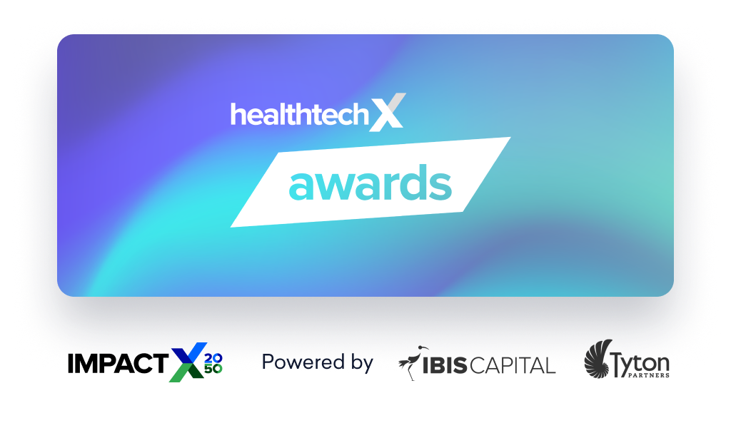 Logo for HealthTech X Awards featuring partner logos: Impact X, BIOS Capital, and Amazon.