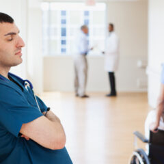 doctor leaning against a wall in a hospital hallway, eyes closed, arms crossed