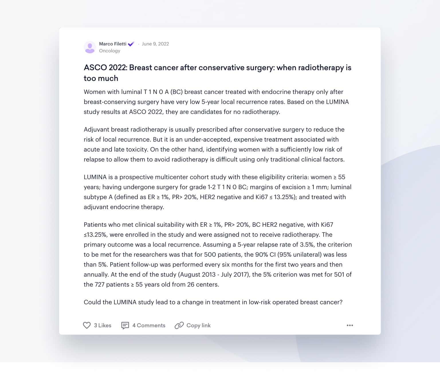 ASCO recap post from 2022 from Sermo doctor about breast cancer after conservative surgery and when radiotherapy is too much