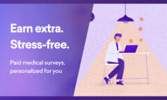 Illustration of a person sitting at a desk using a laptop. Text reads: "Earn extra. Stress-free. Paid physician surveys, personalized for you.