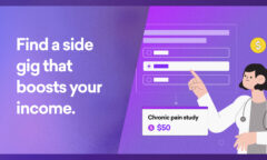 Illustration of a person pointing at an online survey example labeled "Chronic pain study $50" on a purple background with text: "Find a side gig that boosts your income. Ideal as a side hustle for doctors seeking flexible opportunities.