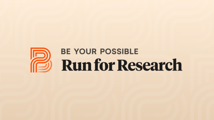 Be Your Possible: Run for Research" logo with an abstract orange design on a beige background.