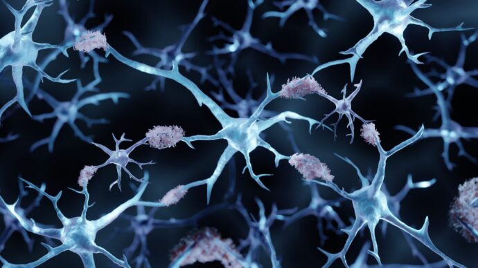 Illustration of neurons with branching dendrites and axons, highlighted against a dark background, depicting a neural network.
