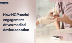 A gloved individual uses a medical device on a patient's finger. Text: "How HCP social engagement drives tool adoption in healthcare.