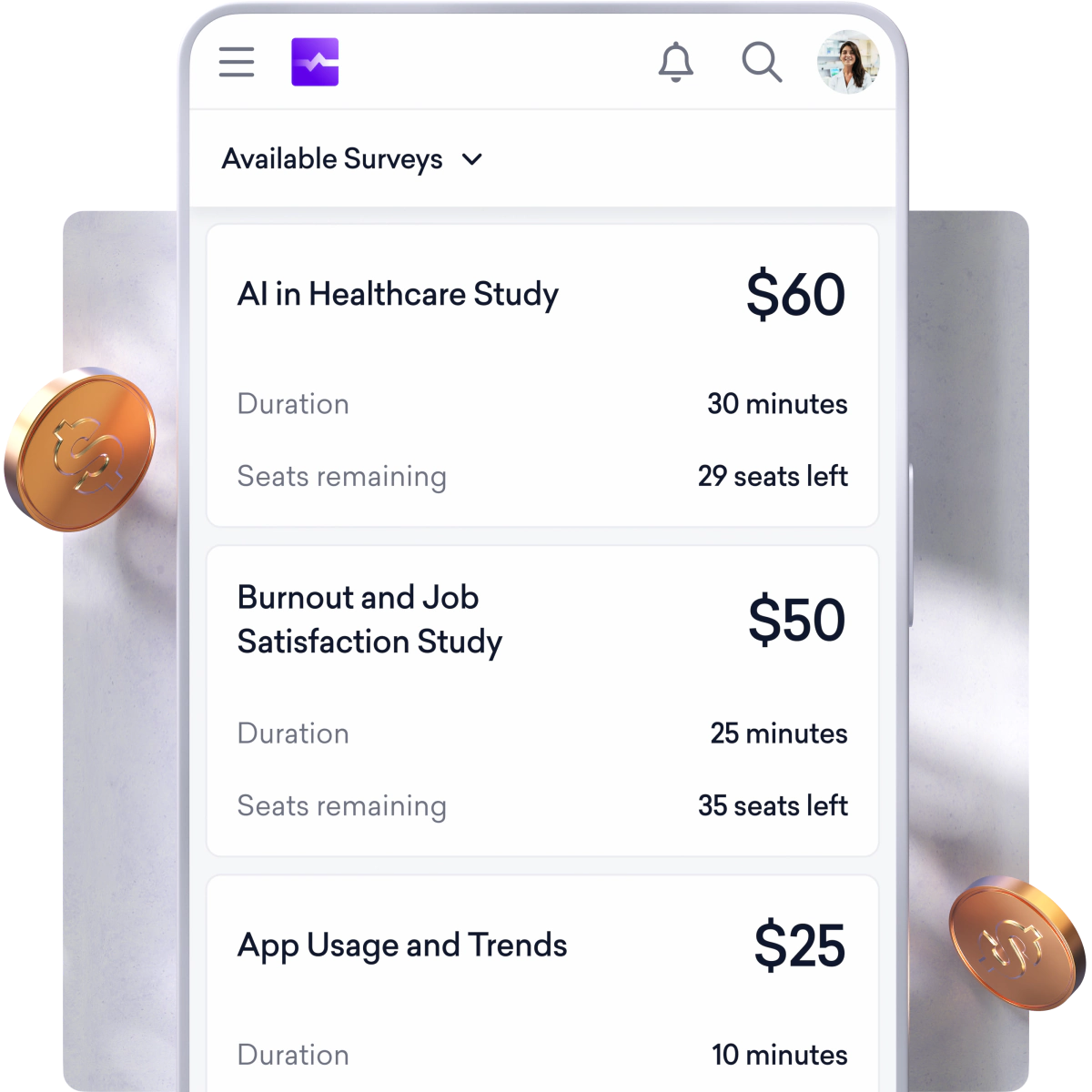 A smartphone screen displays a list of available surveys with the title, payment amount, duration, and seats remaining for each.