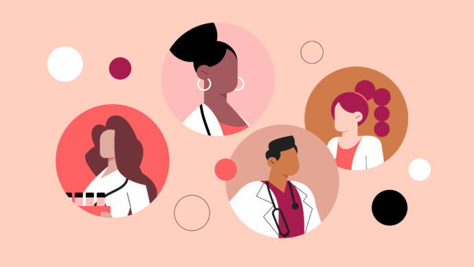 Illustration von vier verschiedenen medizinischen Fachkräften in Laborkitteln, dargestellt in kreisförmigen Rahmen auf einem pfirsichfarbenen Hintergrund mit grafischen Punkten, die die besten medizinischen Fachgebiete repräsentieren.