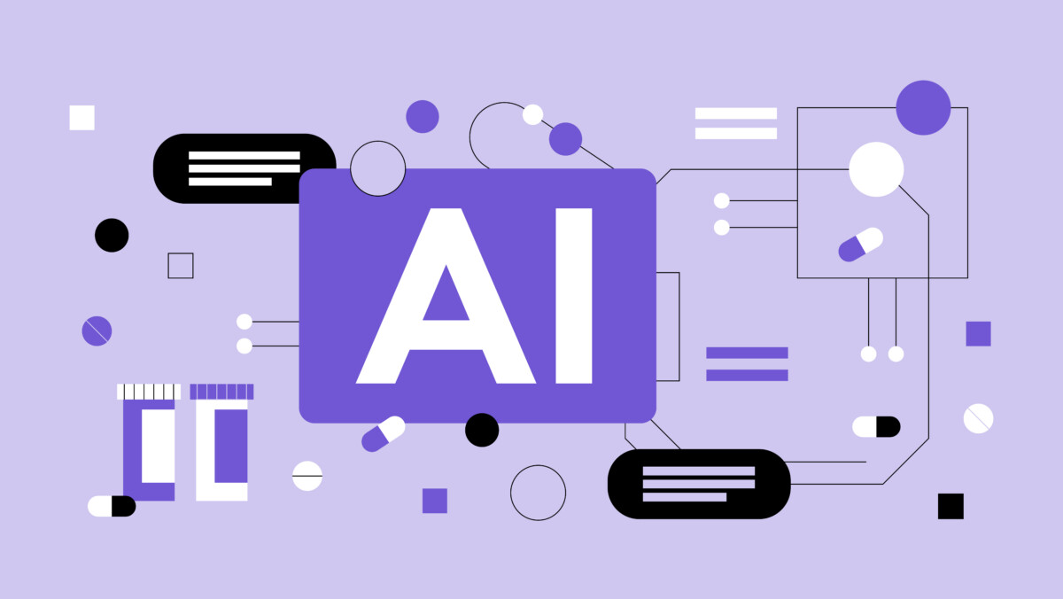 Purple graphic with the large letters "AI" in the center, surrounded by abstract shapes, lines, and icons symbolizing technology and connectivity—perfect for illustrating an ai doctor app—on a light purple background.