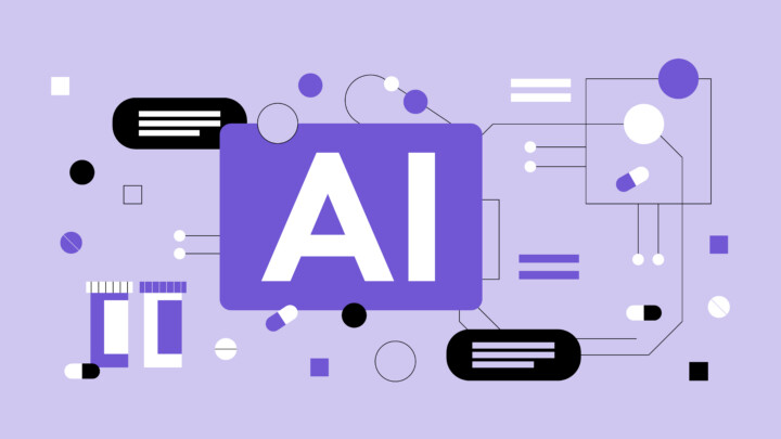 Purple graphic with the large letters "AI" in the center, surrounded by abstract shapes, lines, and icons symbolizing technology and connectivity—perfect for illustrating an ai doctor app—on a light purple background.