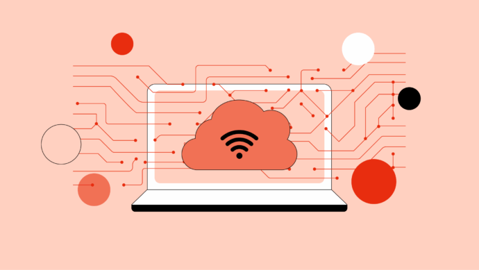 A laptop with a cloud and Wi-Fi symbol on its screen, representing IoT in healthcare, surrounded by circuit lines and various red, black, and white circles on a peach background.