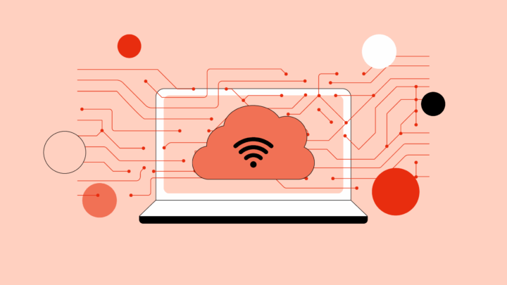 A laptop with a cloud and Wi-Fi symbol on its screen, representing IoT in healthcare, surrounded by circuit lines and various red, black, and white circles on a peach background.