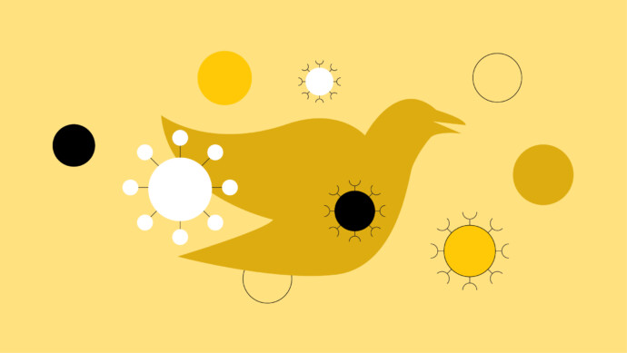 A stylized yellow bird with abstract circular virus-like shapes and colored dots hints at Bird Flu's pandemic potential on a light yellow background.