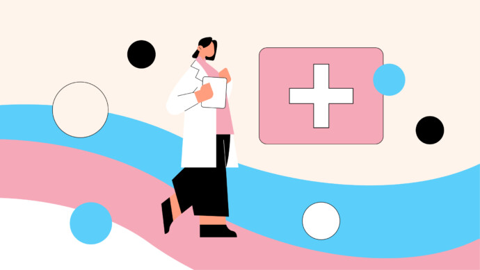 Illustration of a person in a white lab coat holding a clipboard, walking past a pink medical cross sign with abstract shapes in the background, representing gender affirming care.