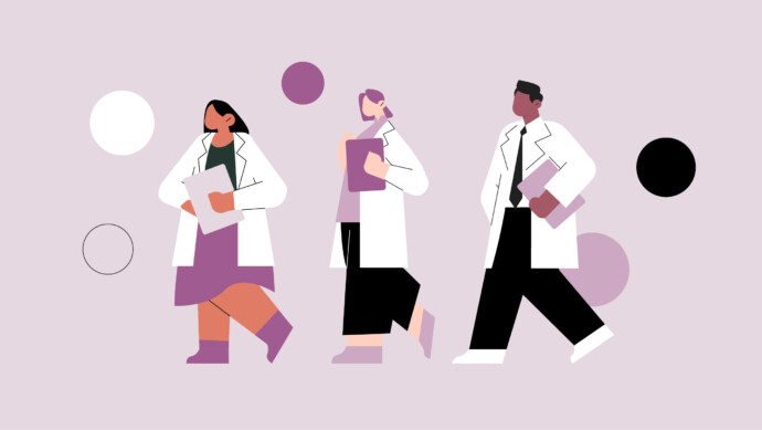 Illustration of three diverse medical professionals, including a generalist physician, in lab coats holding clipboards and walking confidently against a pale, abstract background with circles, symbolizing teamwork in modern healthcare.