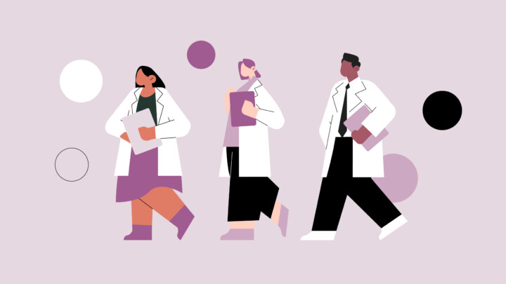 Illustration of three diverse medical professionals, including a generalist physician, in lab coats holding clipboards and walking confidently against a pale, abstract background with circles, symbolizing teamwork in modern healthcare.