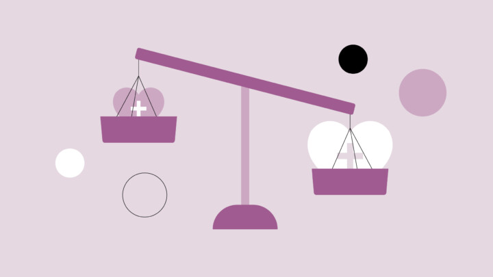 Illustration of an unbalanced scale with heart shapes and crosses in each pan, evoking healthcare disparities or values among physicians. Geometric circles form the background, suggesting ongoing comparisons relevant to 2025.