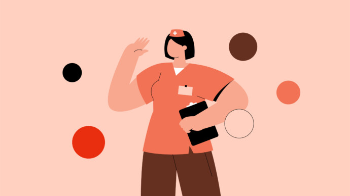Illustration of a nurse practitioner in an orange uniform holding a clipboard, waving, with abstract colored circles in the background—perfect for content about nursing side hustles or earning extra income.