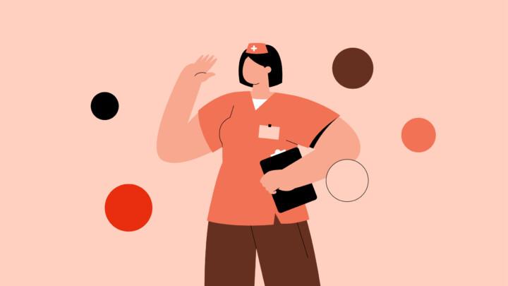 Illustration of a nurse practitioner in an orange uniform holding a clipboard, waving, with abstract colored circles in the background—perfect for content about nursing side hustles or earning extra income.