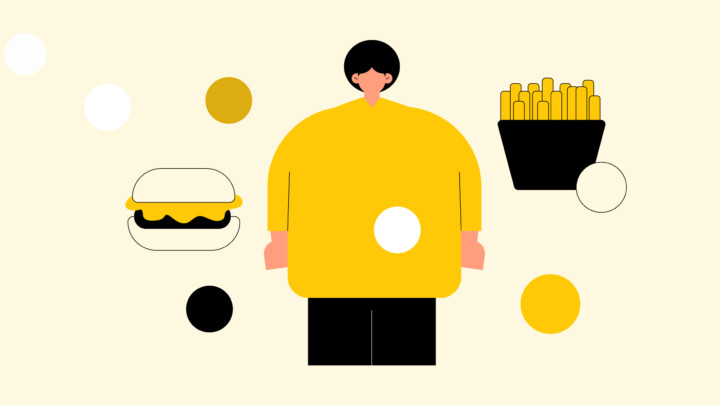 Illustration of a person surrounded by a burger, fries, and colored circles on a beige background, highlighting issues related to teenage obesity.