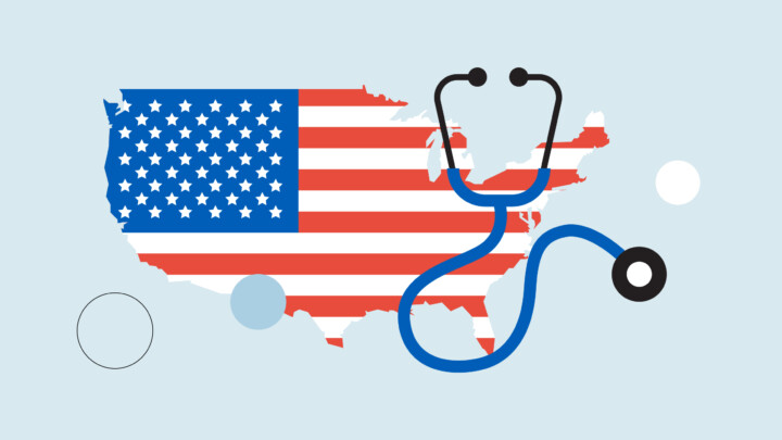 Illustration of a stethoscope over a map of the United States colored with the American flag, symbolizing the U.S. healthcare system and reflecting how some are losing faith in its ability to serve all Americans.