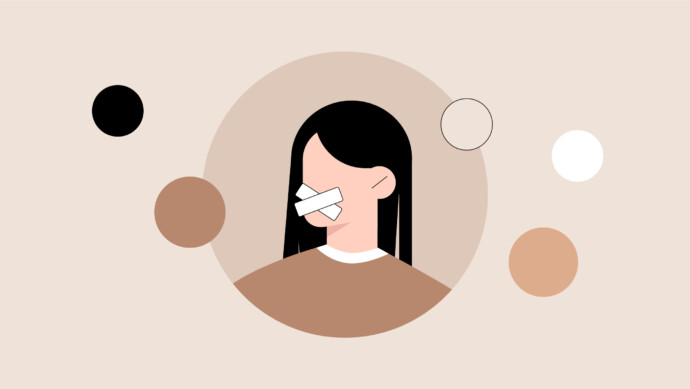 Illustration of a woman with long black hair, beige clothing, and two white strips crossing over her mouth, referencing the mouth taping trend, surrounded by neutral-colored circles.