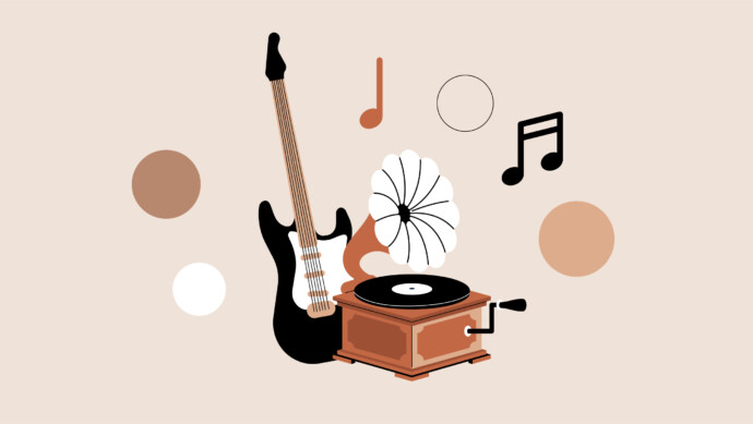 Illustration of an electric guitar and a gramophone surrounded by musical notes and colored circles on a beige background, evoking the soothing power of music therapy in patient care.
