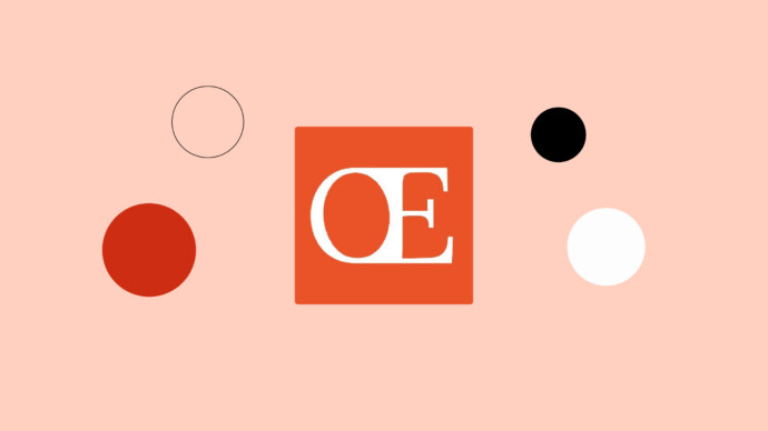 A red square with white "OE" text in the center, surrounded by five circles in black, white, red, and outline, on a peach background—symbolizing OpenEvidence AI's impact on clinical decision-making.
