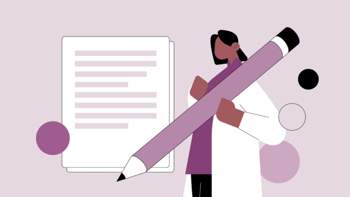 Illustration of a person holding a large pencil next to a piece of paper with text—representing a physician letter of intent—surrounded by abstract, colored circles.
