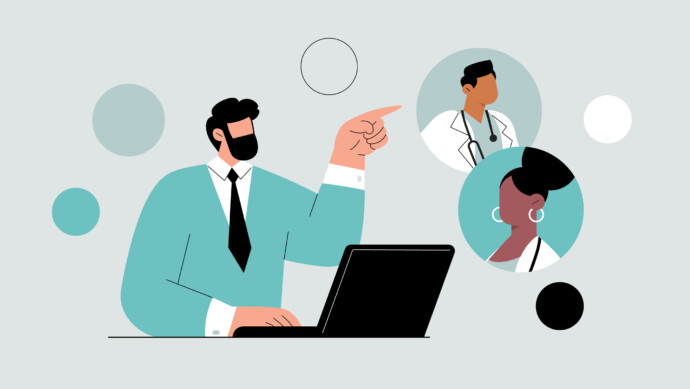 Illustration of a person in a suit using a laptop and pointing toward two doctors in circular frames, symbolizing a physician referral network, against a background with abstract circles.