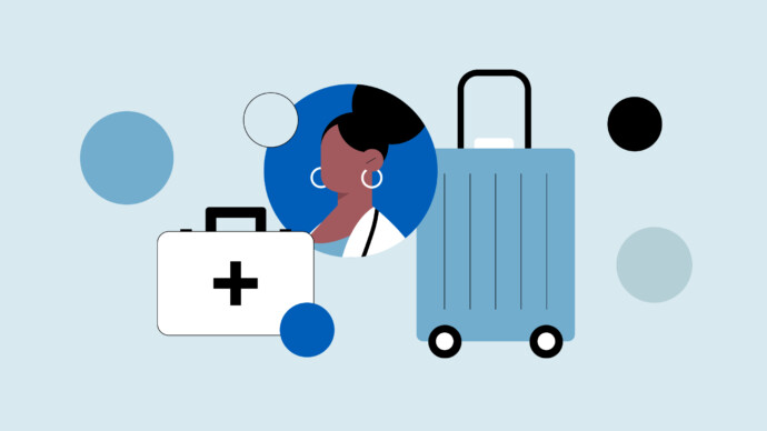 Illustration of a woman, a medical briefcase with a cross, and a suitcase, with circular shapes—symbolizing physician PTO and the importance of doctor time off.