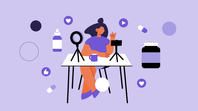 Illustration of a woman sitting at a table with camera equipment, surrounded by icons of dietary supplements, bottles, and social media symbols on a purple background.