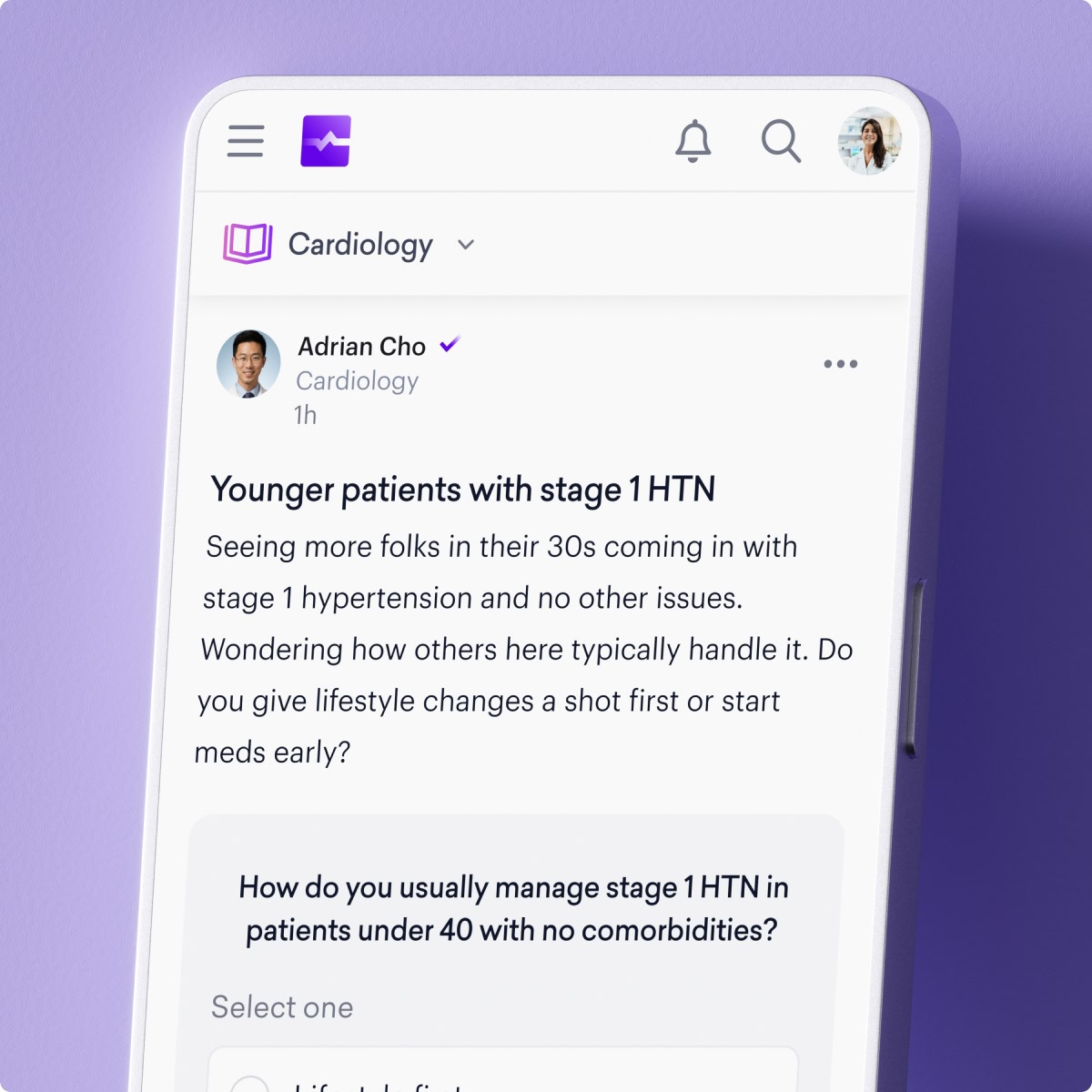 A smartphone screen displays a medical forum post where various medical specialities discuss management of stage 1 hypertension in younger patients, with a poll on treatment approaches shown below.