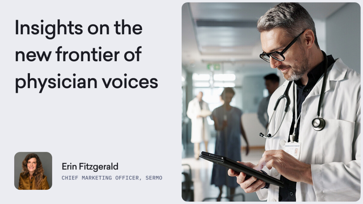 A male doctor in a white coat uses a tablet in a hospital corridor; next to him, a text box highlights physician voices and Erin Fitzgerald’s name and title, emphasizing the importance of trust in healthcare.