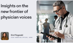 A male doctor in a white coat uses a tablet in a hospital corridor; next to him, a text box highlights physician voices and Erin Fitzgerald’s name and title, emphasizing the importance of trust in healthcare.