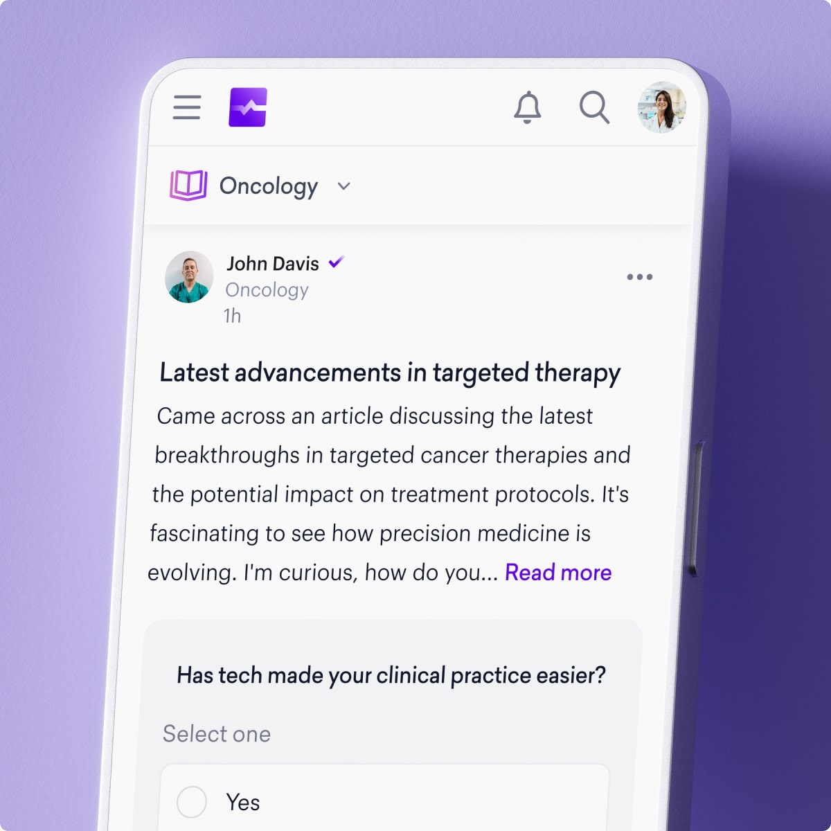 A smartphone screen displays a medical app showing a post about advancements in targeted cancer therapies, authored by John Davis in the Oncology section, highlighting innovations across medical specialities.