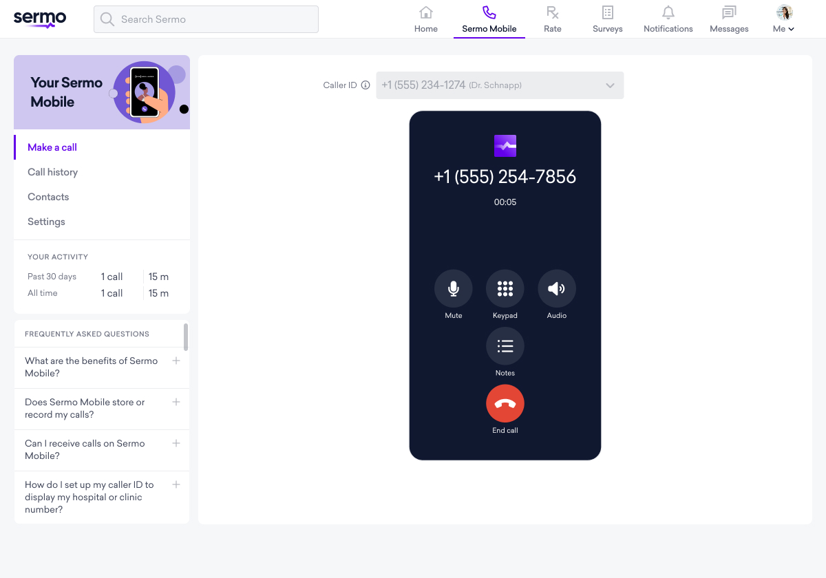 A web interface for patient communication displays an active phone call screen with number +1 (555) 254-7856 and options for mute, keypad, audio, notes, and end call, enhancing modern healthcare technology.