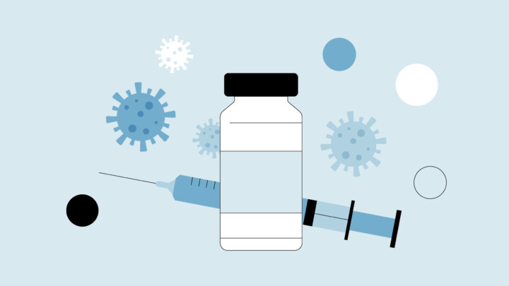 Illustration of a vaccine vial and syringe with stylized virus shapes in the background on a light blue backdrop, highlighting the evolving landscape of COVID-19 vaccine accessibility.