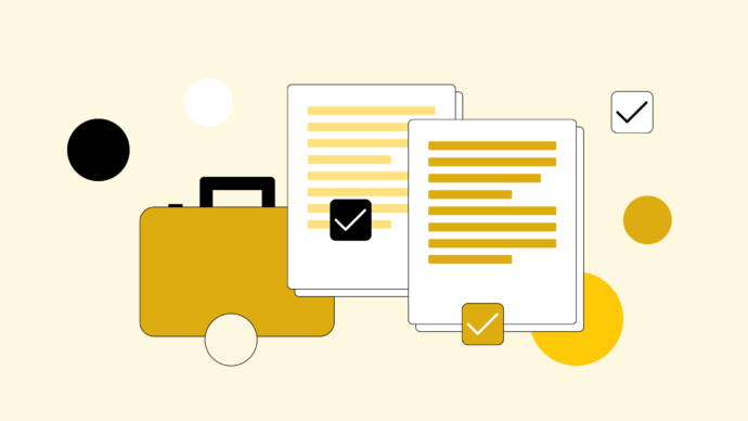 Illustration of a yellow briefcase, two documents with check marks—ideal for showcasing physician cover letter examples—and various colored circles on a light background.