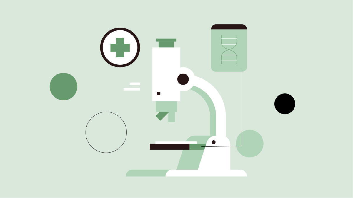 Illustration of a white microscope with medical symbols, including a cross and a DNA icon, symbolizing precision medicine on a light green background.