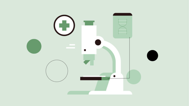 Illustration of a white microscope with medical symbols, including a cross and a DNA icon, symbolizing precision medicine on a light green background.