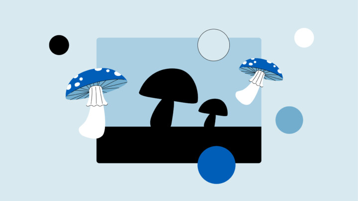 Abstract illustration featuring black silhouettes of mushrooms in a rectangle, with blue and white mushrooms and circles on a light blue background—an imaginative nod to the growing interest in psilocybin therapy.