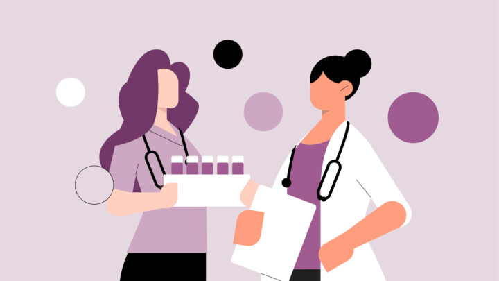 Two healthcare professionals, including a generalist doctor with a stethoscope, stand against a background of purple and black circular shapes—one holds documents while the other carries a tray with vials.