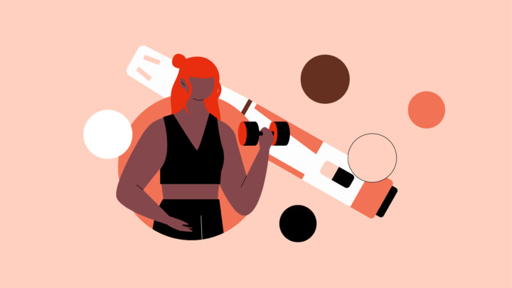Illustration of a person lifting a dumbbell, with a large injection pen and several colored circles in the background, highlighting concerns about ozempic muscle loss.