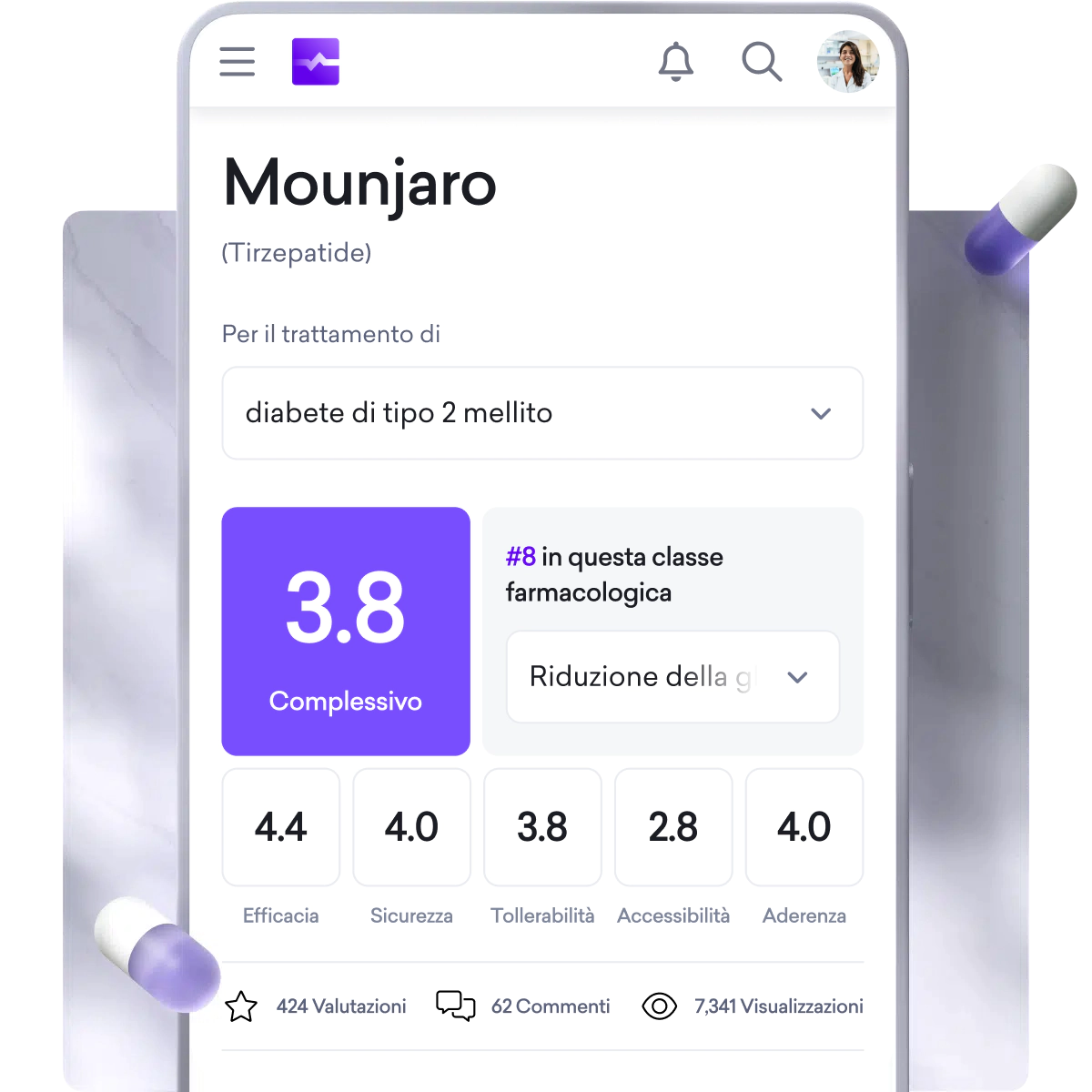 Sullo schermo di uno smartphone vengono visualizzate le valutazioni e le informazioni relative a Mounjaro (Tirzepatide), una specialità medica per il diabete di tipo 2, con le categorie di valutazione e i punteggi chiaramente indicati.