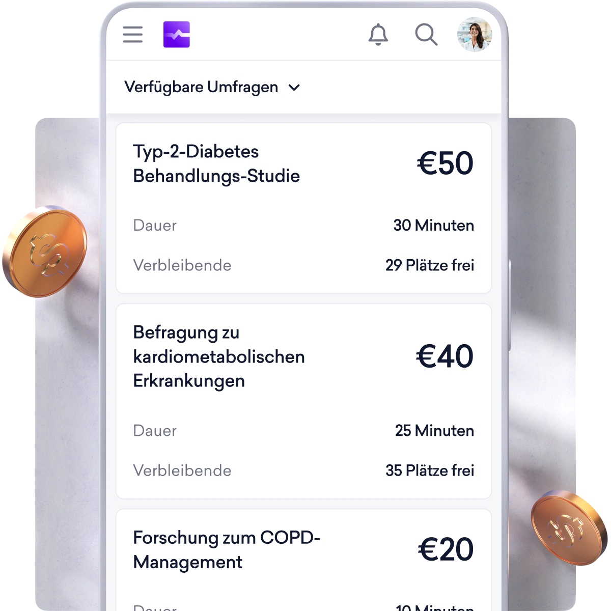 Auf einem Smartphone-Bildschirm wird eine Liste bezahlter medizinischer Umfragen in deutscher Sprache angezeigt, die Studientitel, Vergütungsbeträge, Laufzeiten und verfügbare Teilnehmerplätze enthält - ideal für alle, die online Einkommen erzielen oder Geld verdienen möchten.