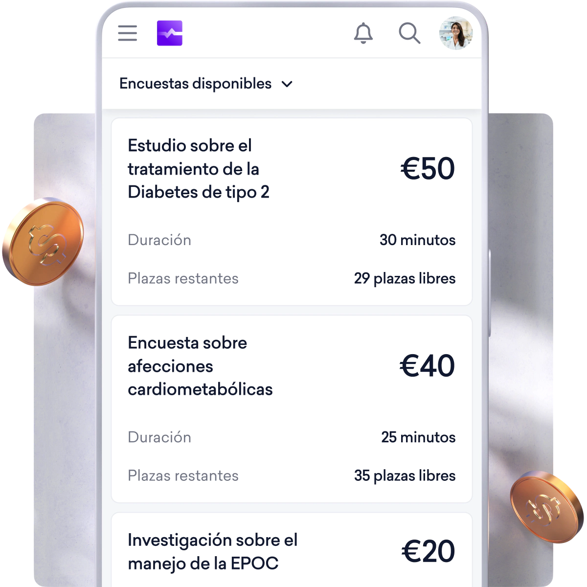 Una pantalla móvil muestra una lista de encuestas médicas remuneradas en español, con temas, importes de compensación, duración y plazas disponibles.